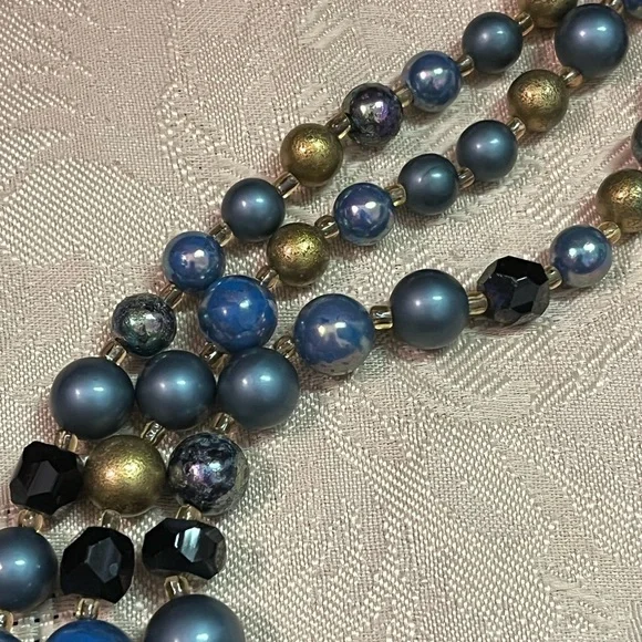 VTG Boho Retro Blue and Gold Beaded Multi-stranded Costume Jewelry Necklace - Picture 5 of 6